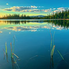 Glasklares Wasser im See in der Abendsonne mit Aussicht auf die Berge