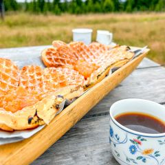 Kaffee (kokkaffe) und über dem Feuer gebackene Waffeln auf der Alm Långbodarna am Fäbodvägen